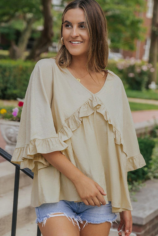 Apricot V Neck Draped Batwing Sleeve Ruffle Top - LK Boutique